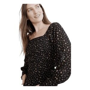 Madewell Lucie Smocked Georgette Blouse Black Floral Print Bubble Long Sleeve S